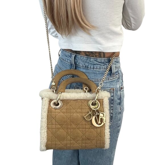 Christian Dior Lady Dior Cannage Mouton 2way Mini Bag Camel Gold Suede [105603] - Picture 1 of 15